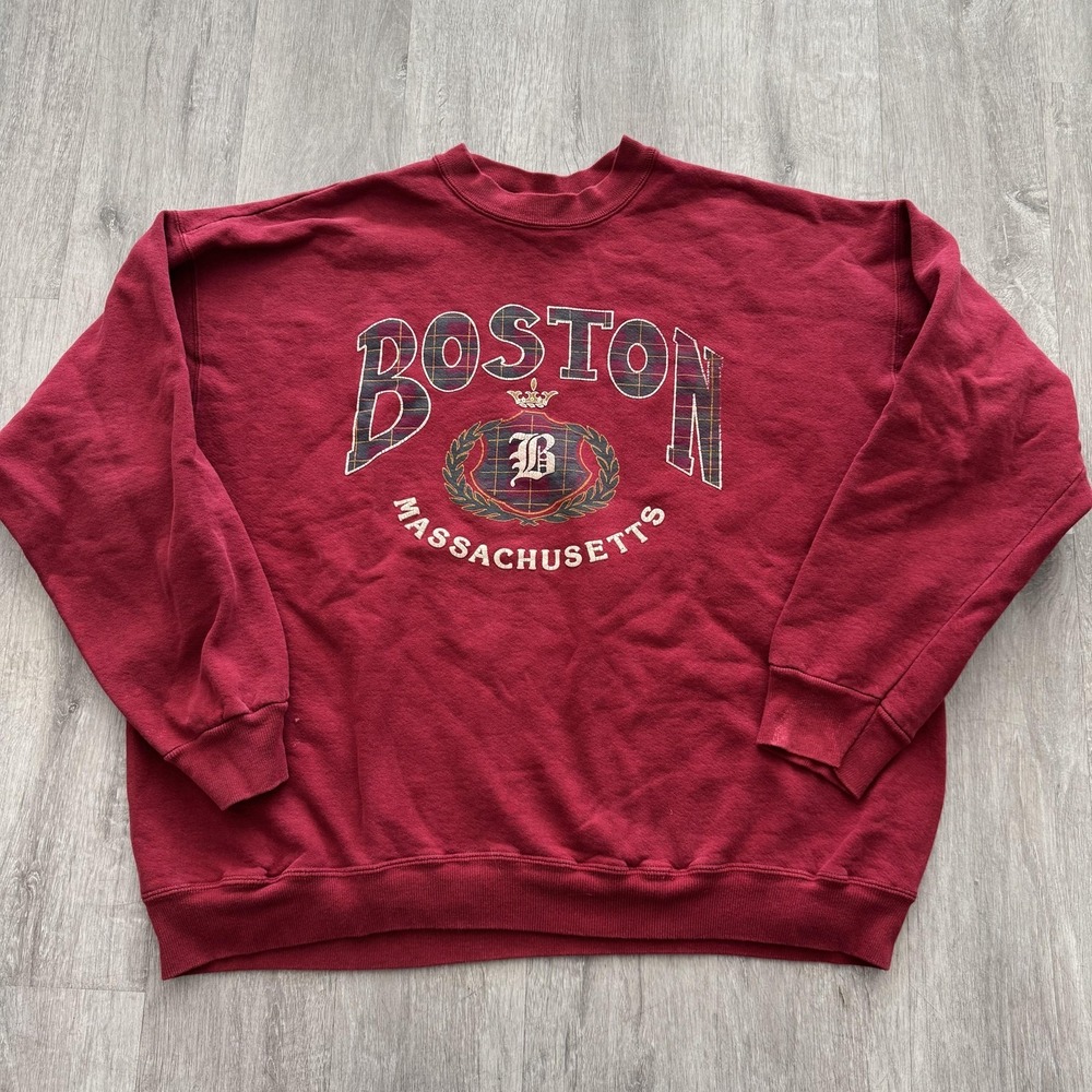 Vintage Hanes Boston Massachusetts Sweatshirt Mens XL Red Plaid Crest Graphic
